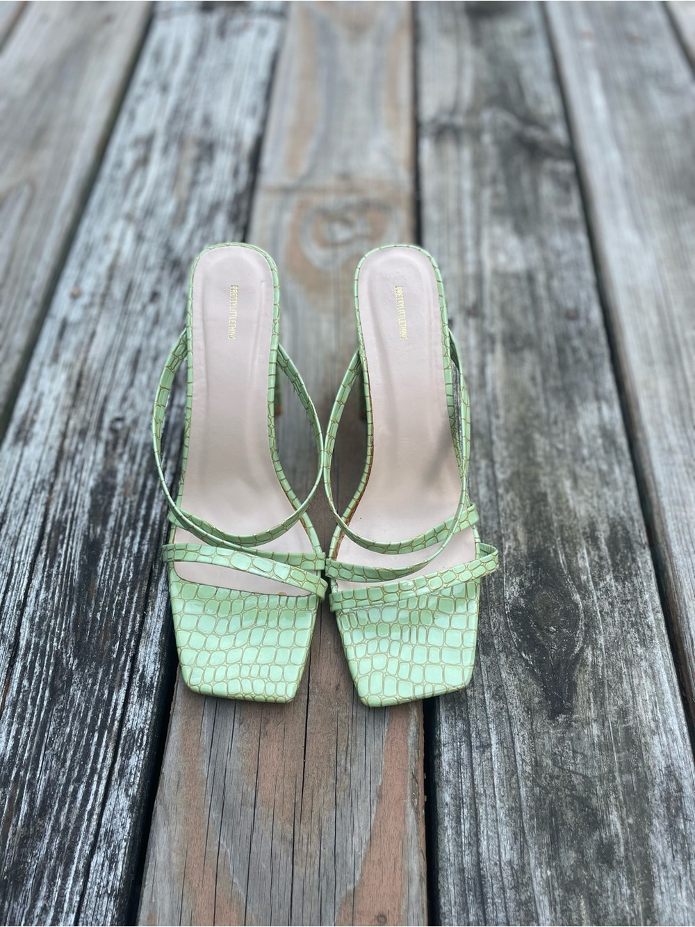 PrettyLittleThing Light Green Croc-Embossed Square Toe Slingback Mules